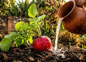 Os rabanetes germinam como fermento: ao molhá-los na terra, adicione meio copo de água de lavagem de arroz