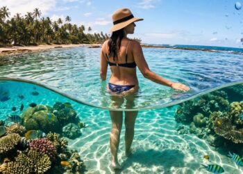 A praia com 12 km de águas cristalinas com piscinas naturais entre corais e o único castelo medieval das Américas