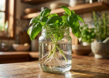 O manjericão enraíza como fermento: antes de plantar no buraco, coloque o galho em um copo d'água na janela da cozinha