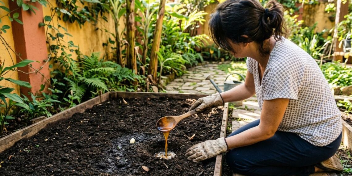 Os pepinos germinam como fermento: ao plantá-los no buraco, adicione uma colher de sopa de infusão de casca de banana