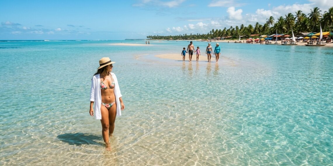 A praia nordestina com águas cristalinas como vidro e um mar que recua revelando bancos de areia