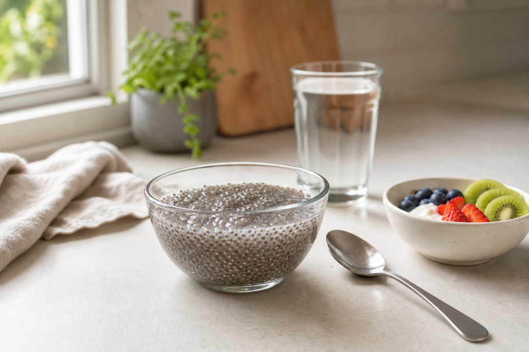 Chia hidratada em um bowl de vidro com textura de gel, ao lado de iogurte e água.