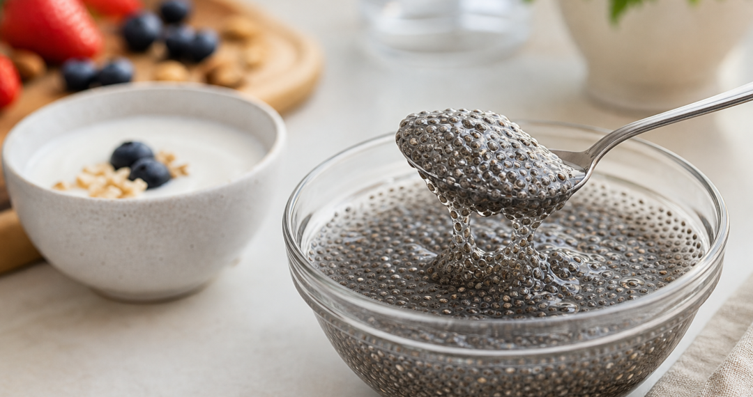 Chia hidratada em água formando gel ao lado de iogurte, destacando a chia e a microbiota intestinal.