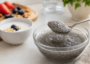 Chia hidratada em água formando gel ao lado de iogurte, destacando a chia e a microbiota intestinal.