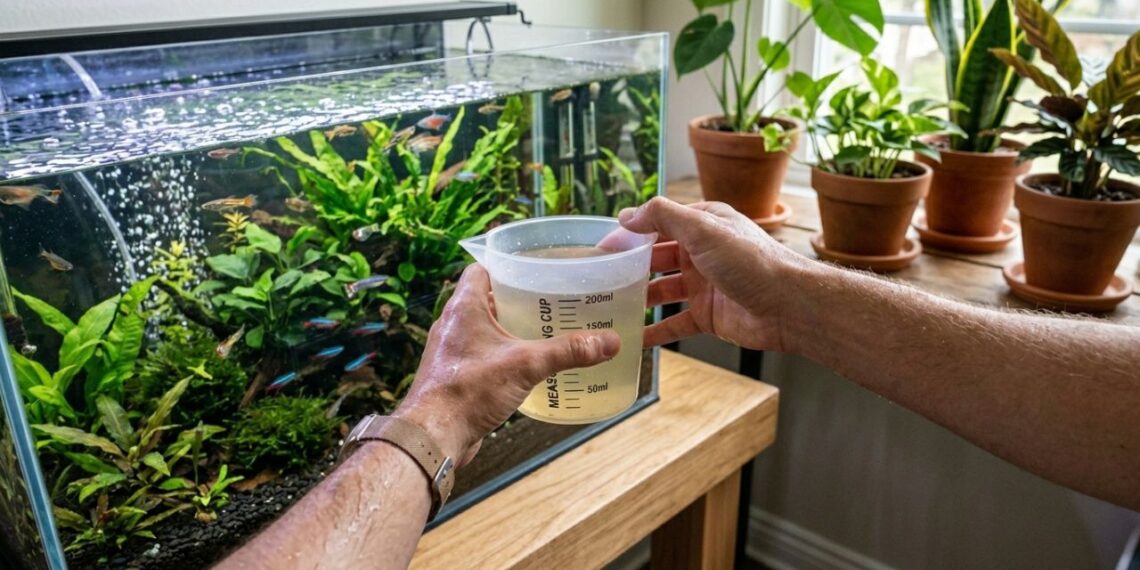 A mistura caseira com água de aquário suja que age como fertilizante potente e ajuda as plantas aquáticas a prosperarem