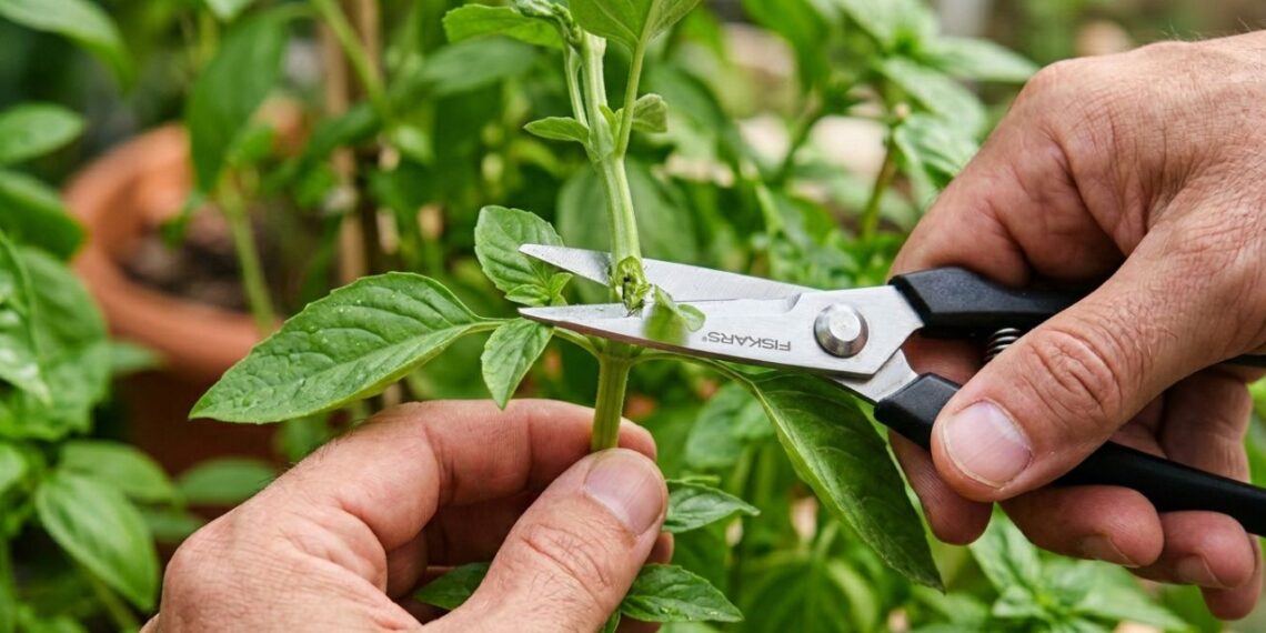Como podar o manjericão para obter uma moita arredondada e densa cortando as pontinhas logo acima do último par de folhas antes que deem as pequenas flores brancas