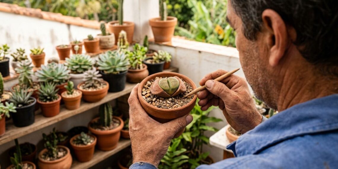A suculenta pedra-viva que não precisa de regas frequentes e tem impressionado as visitas ao se camuflar perfeitamente no meio do cascalho branco do vaso
