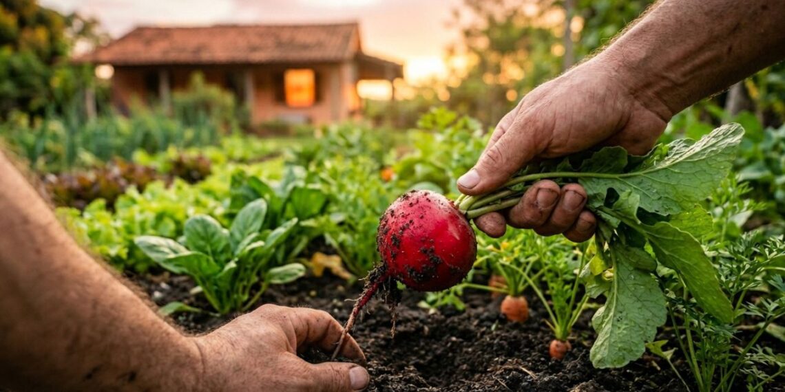 O rabanete cresce como fermento: ao plantar a semente no buraco, evite compactar muito a terra superficial para que a raiz bolbosa engrosse sem resistência