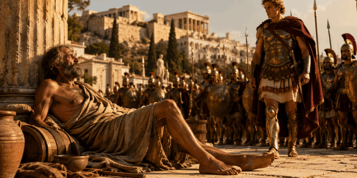 Diogenes, ao ser visitado por Alexandre, o Grande, que lhe ofereceu qualquer coisa que desejasse, respondeu: “Sim. Saia da frente do meu sol.”
