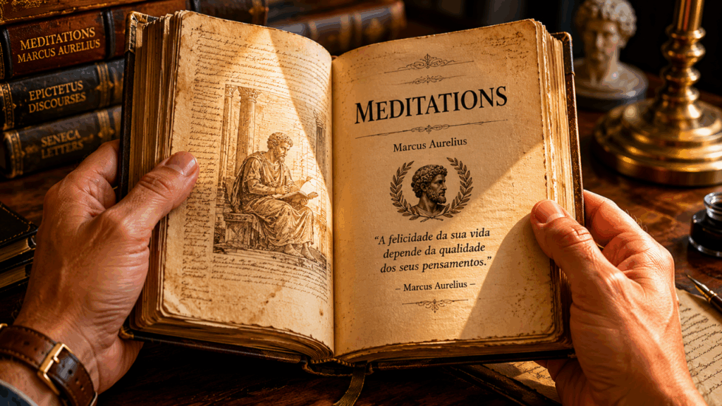 Marcus Aurelius, ao refletir sobre mente e sofrimento, escreveu: “A felicidade da sua vida depende da qualidade dos seus pensamentos.”: ensinamentos estoicos sobre saúde mental, equilíbrio emocional e autocontrole.