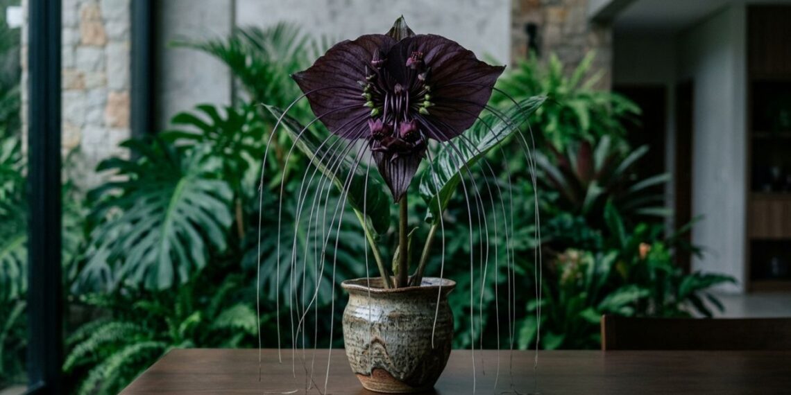 A flor-morcego exótica que não precisa de sol da tarde e tem impressionado as visitas ao abrir flores escuras gigantes com filamentos que parecem grandes bigodes
