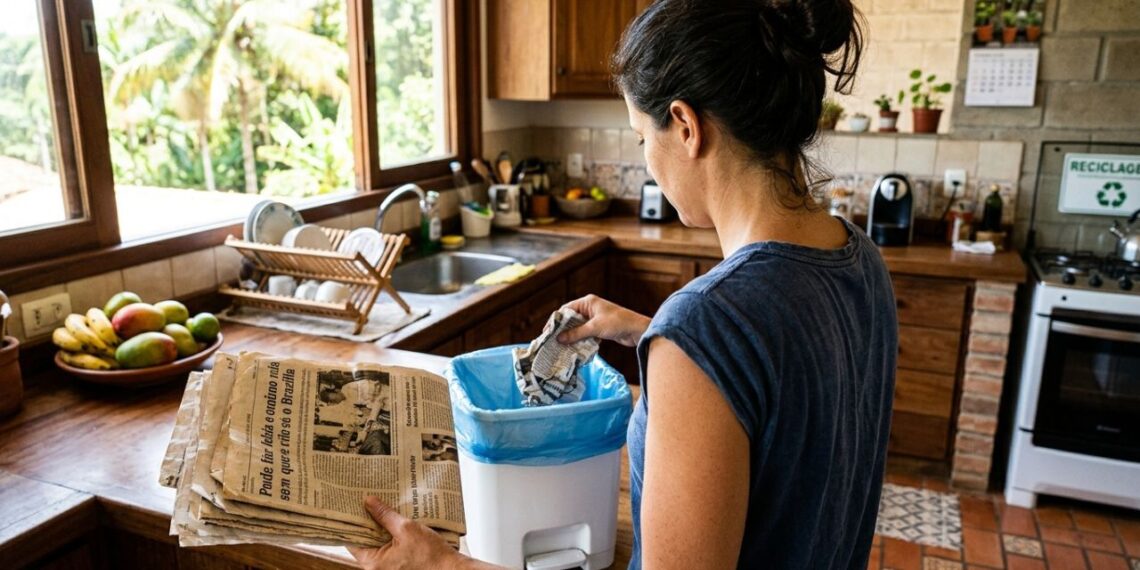 Colocar folhas de jornal amassado no fundo da lixeira da cozinha sob o saco plástico: um truque inteligente para absorver o chorume e evitar o mau cheiro