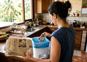 Colocar folhas de jornal amassado no fundo da lixeira da cozinha sob o saco plástico: um truque inteligente para absorver o chorume e evitar o mau cheiro