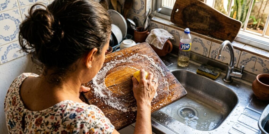 Espremer meio limão e adicionar sal grosso diretamente na tábua de cortar carne: um truque inteligente para clarear manchas