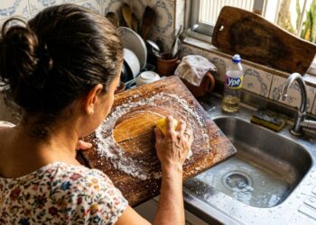 Espremer meio limão e adicionar sal grosso diretamente na tábua de cortar carne: um truque inteligente para clarear manchas