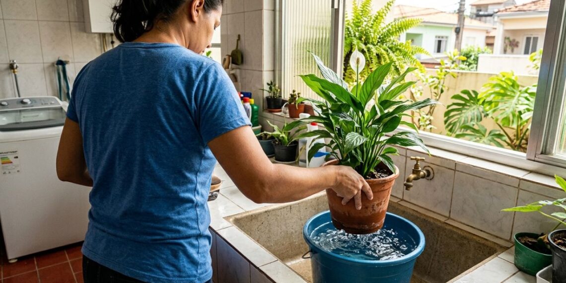 Para o lírio-da-paz durar anos: o macete não é colocar mais adubo quando murchar, mas mergulhar o vaso inteiro em um balde d'água para hidratar a raiz