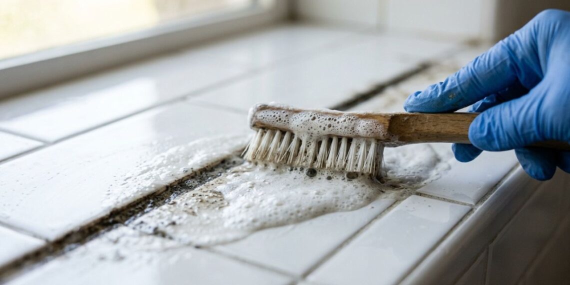 Como limpar o lodo rosa acumulado nos cantos do rejunte do chuveiro: veja como deixá-lo branco de novo usando uma escova de dentes e pasta de bicarbonato com água oxigenada