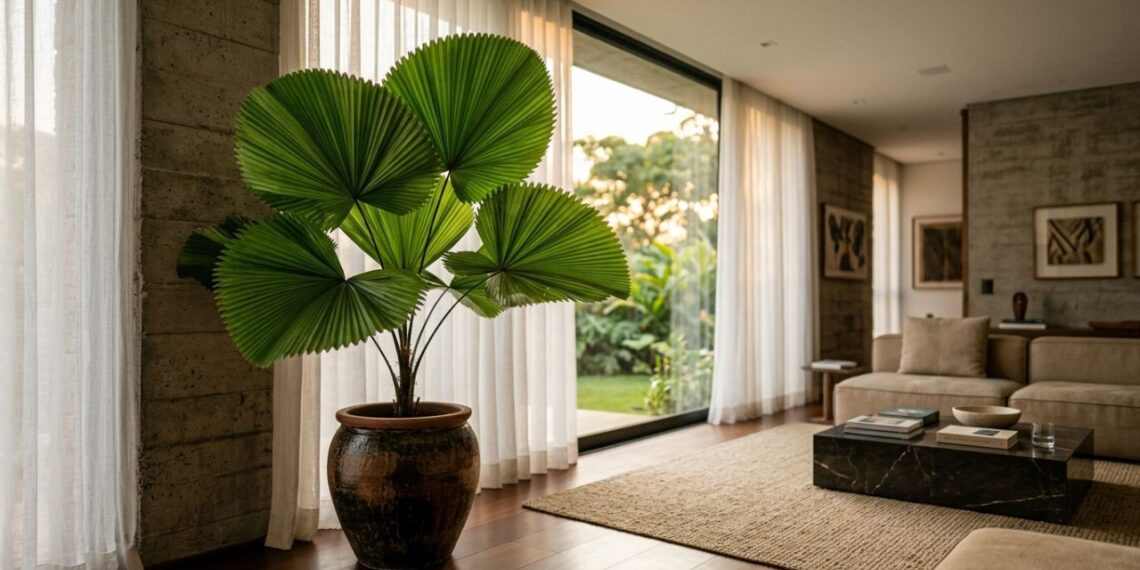 A palmeira-leque que virou a favorita de salas de estar porque suas folhas plissadas trazem elegância arquitetônica e não soltam sujeira no chão