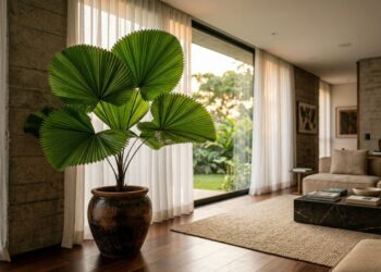 A palmeira-leque que virou a favorita de salas de estar porque suas folhas plissadas trazem elegância arquitetônica e não soltam sujeira no chão