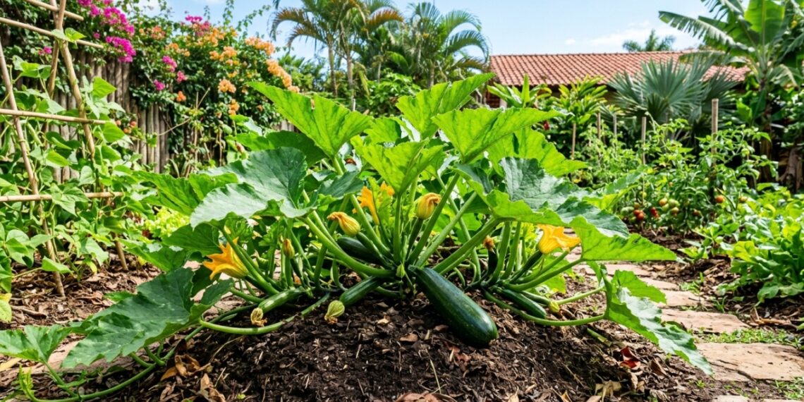 A abobrinha cresce como fermento: ao plantá-la no buraco, crie um pequeno monte de terra elevado para evitar que a água da mangueira apodreça o colo da planta