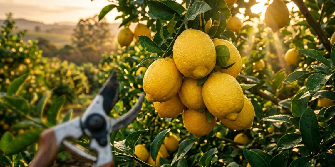 Como podar o limoeiro para obter frutos maiores retirando os galhos retos e verticais que sugam a energia no centro da copa
