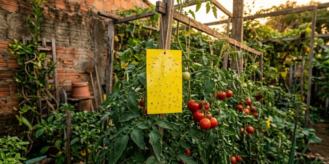 Como afastar moscas-brancas dos tomateiros em menos de um minuto: truque caseiro eficaz fincando placas de plástico amarelo untadas com óleo ao lado dos galhos