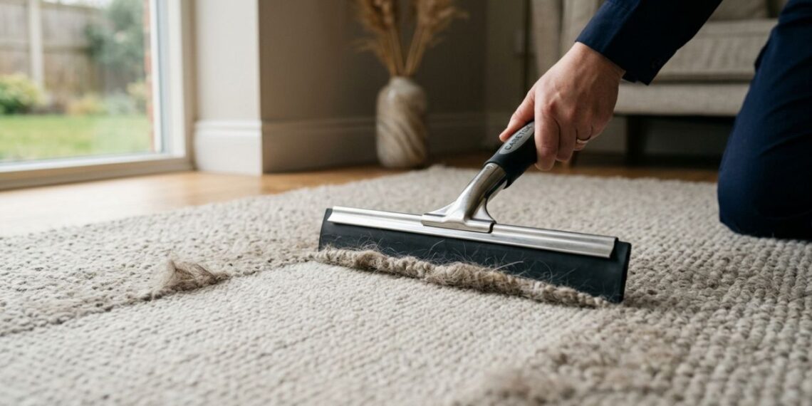 Como limpar os pelos de cachorro e gato grudados profundamente nas tramas do tapete: veja como deixá-lo sem fios usando um rodo limpa-vidros de borracha puxando a seco