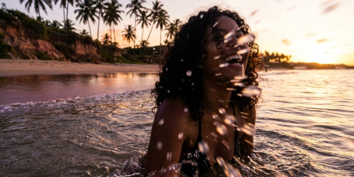 A vila baiana onde os coqueiros formam e a praia espelhada cria fotos perfeitas ao pôr do sol