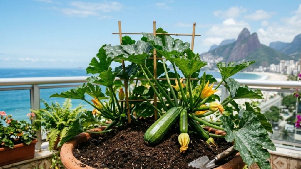 A abobrinha cresce como fermento: ao plantá-la no buraco, crie um pequeno monte de terra elevado para evitar que a água da mangueira apodreça a planta
