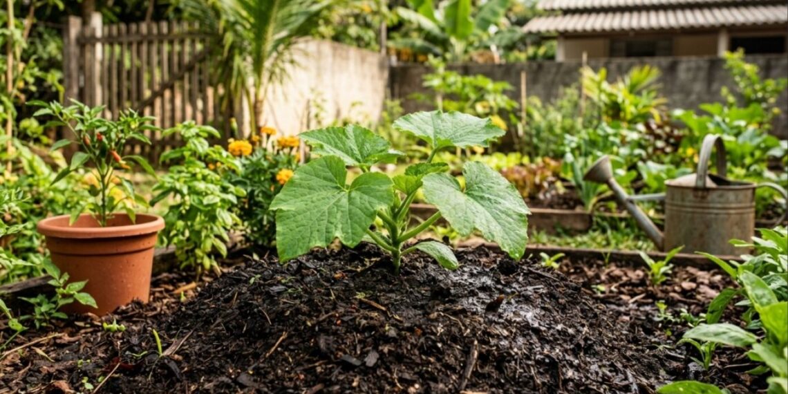 A abobrinha cresce como fermento: ao plantá-la no buraco, crie um pequeno monte de terra elevado para evitar que a água da mangueira apodreça a planta