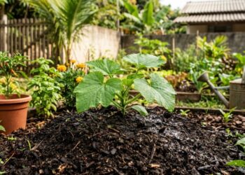 A abobrinha cresce como fermento: ao plantá-la no buraco, crie um pequeno monte de terra elevado para evitar que a água da mangueira apodreça a planta