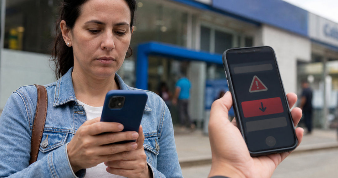 Pessoa usando celular com alerta sobre golpe do Pix em ambiente bancário urbano.