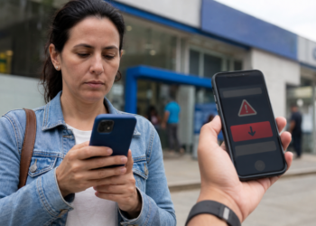 Pessoa usando celular com alerta sobre golpe do Pix em ambiente bancário urbano.