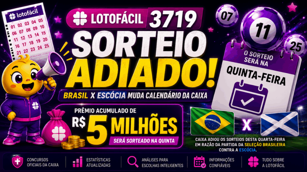 Lotofácil 3719: Brasil x Escócia adia sorteio e prêmio acumulado de R$ 4 milhões será sorteado na quinta