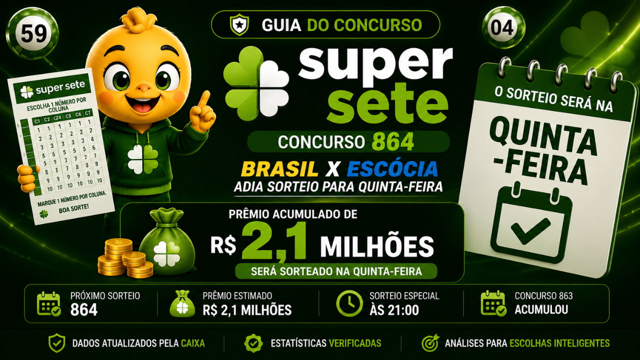 Super Sete 864: Brasil x Escócia adia sorteio e prêmio acumulado de R$ 2.1 milhões será sorteado na quinta