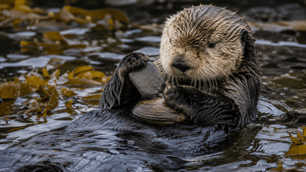 A lontra marinha que ensina filhotes por meses, usa ferramentas desde o nascimento e dorme de mãos dadas para não se perder do grupo durante a noite