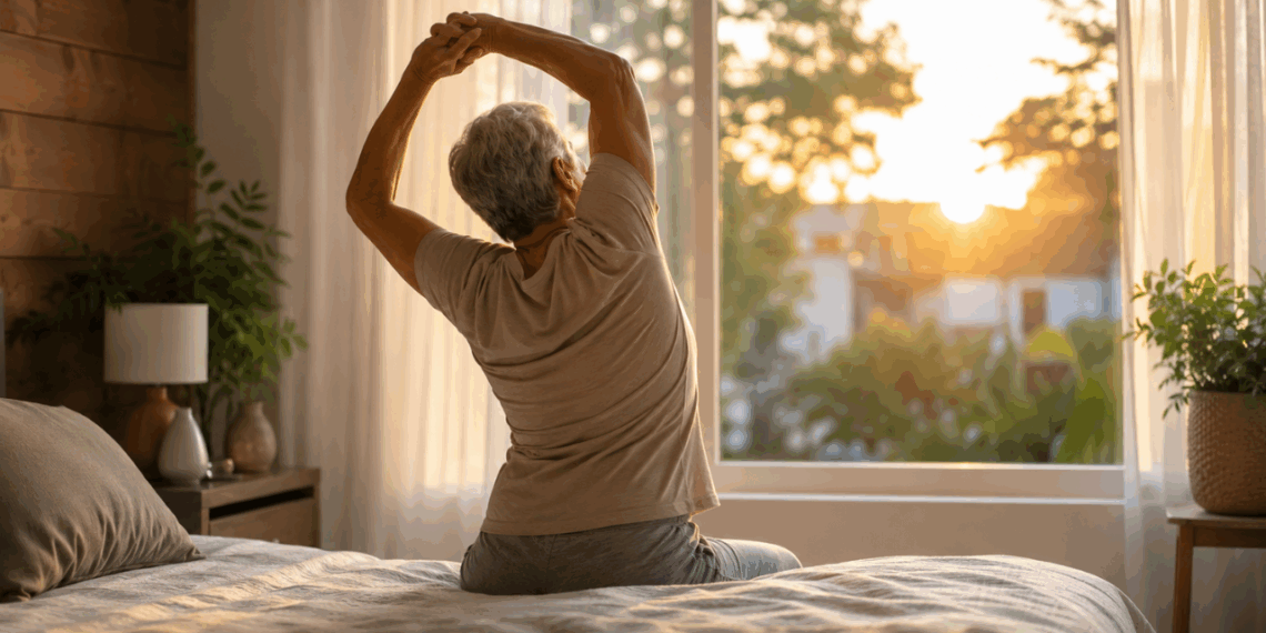 O alongamento matinal que idosos estão fazendo em casa para acordar sem dor nas costas