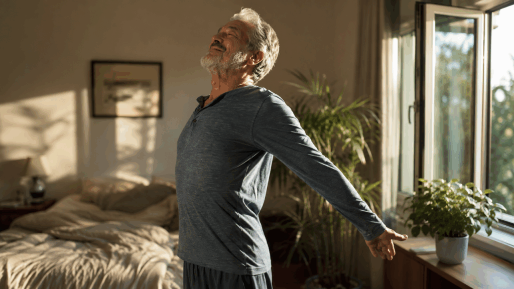 O alongamento matinal que idosos estão fazendo em casa para acordar sem dor nas costas