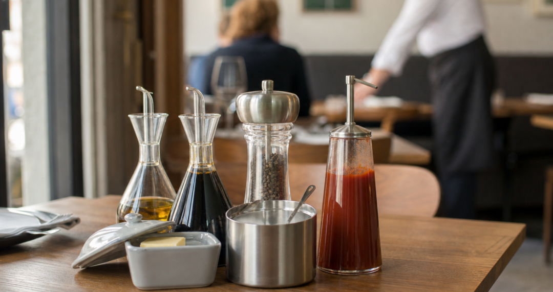 Potes e dispensadores de condimentos em uma mesa de restaurante, substituindo os sachês de ketchup e sal.