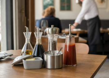 Potes e dispensadores de condimentos em uma mesa de restaurante, substituindo os sachês de ketchup e sal.