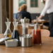 Potes e dispensadores de condimentos em uma mesa de restaurante, substituindo os sachês de ketchup e sal.