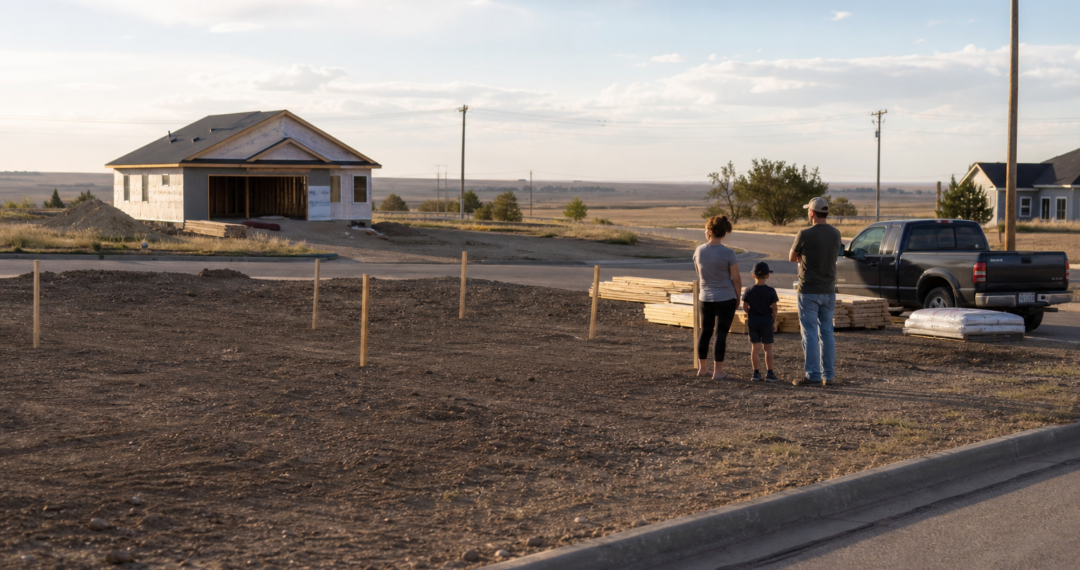 Terreno vazio em Curtis, Nebraska, com casa em construção ao fundo, ilustrando o programa de terreno de graça em Nebraska.