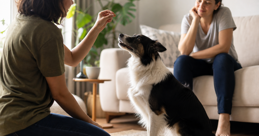 Cão adulto atento durante treinamento com reforço positivo em casa.