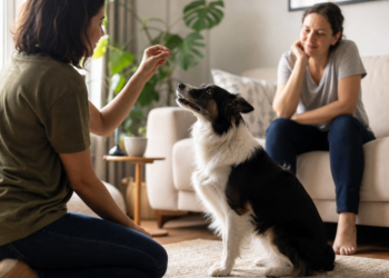 Cão adulto atento durante treinamento com reforço positivo em casa.