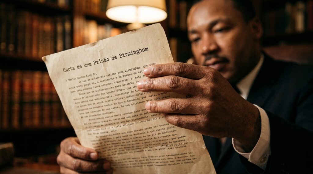Frase do dia de Martin Luther King Jr., pastor e líder dos direitos civis americanos: "A injustiça em qualquer lugar é uma ameaça à justiça em todo lugar."