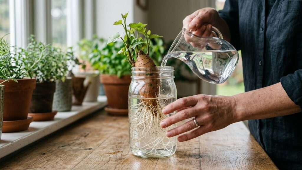 Horta em casa: como enraizar batata-doce na água na janela ensolarada antes de plantar na terra
