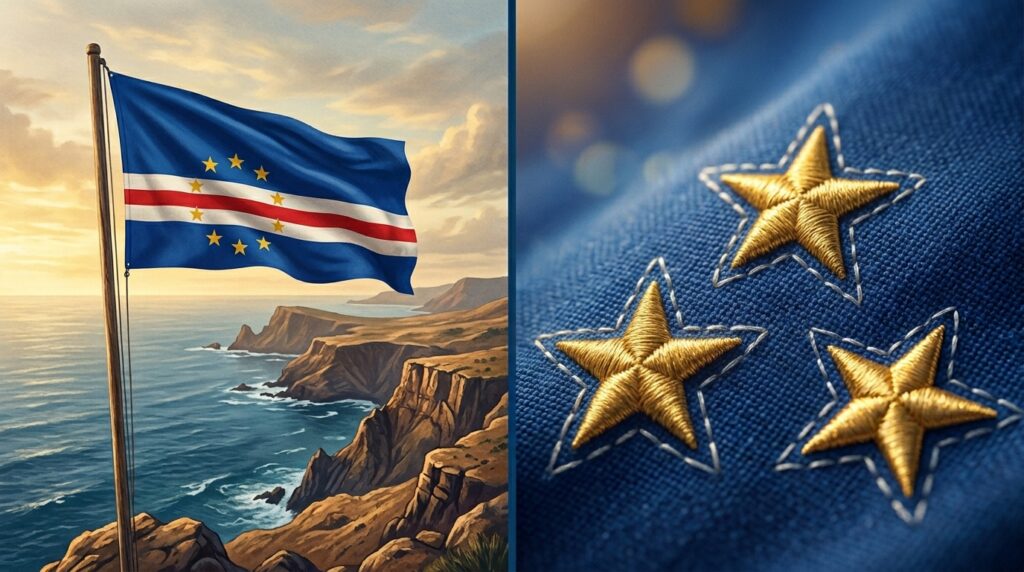 Por que a bandeira de Cabo Verde tem azul, estrelas e faixas coloridas, e qual a origem histórica desses símbolos?
