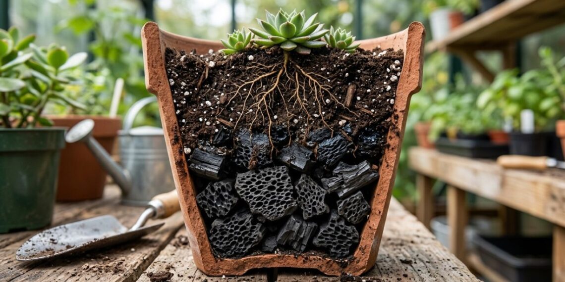 Como preparar o fundo do vaso com pedaços de carvão vegetal com um cuidado que faz diferença na drenagem da água