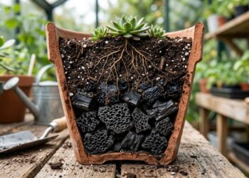 Como preparar o fundo do vaso com pedaços de carvão vegetal com um cuidado que faz diferença na drenagem da água