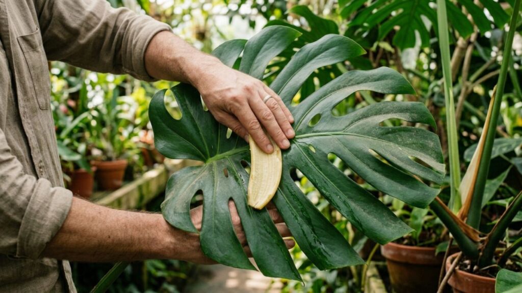 Não jogue as cascas de banana fora: ideias para reutilizar a parte interna para limpar e dar brilho natural em folhas grandes de plantas ornamentais de interior